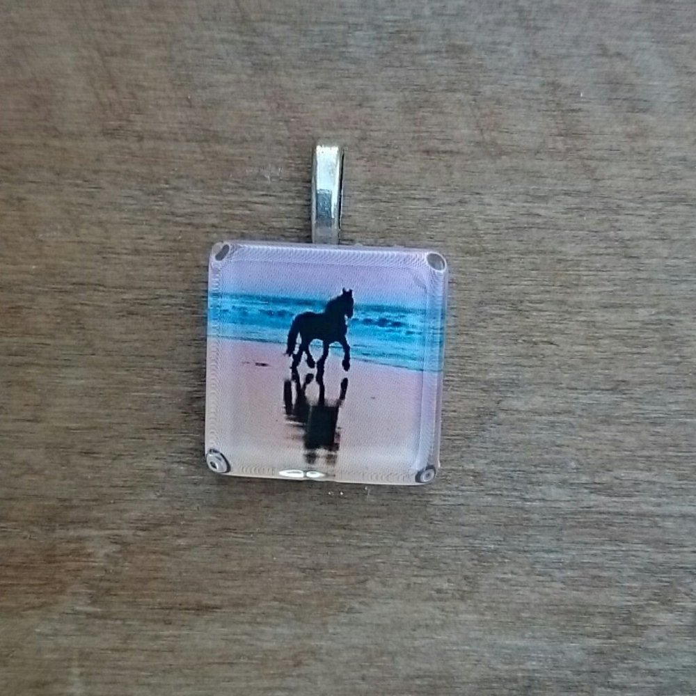 Hand Crafted Glass Tile Running Horse Pendant Sunset Beach Equestrian Gift